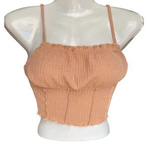 Ruched Bust Lettuce Trim Cami Tan Top Size XS (2)